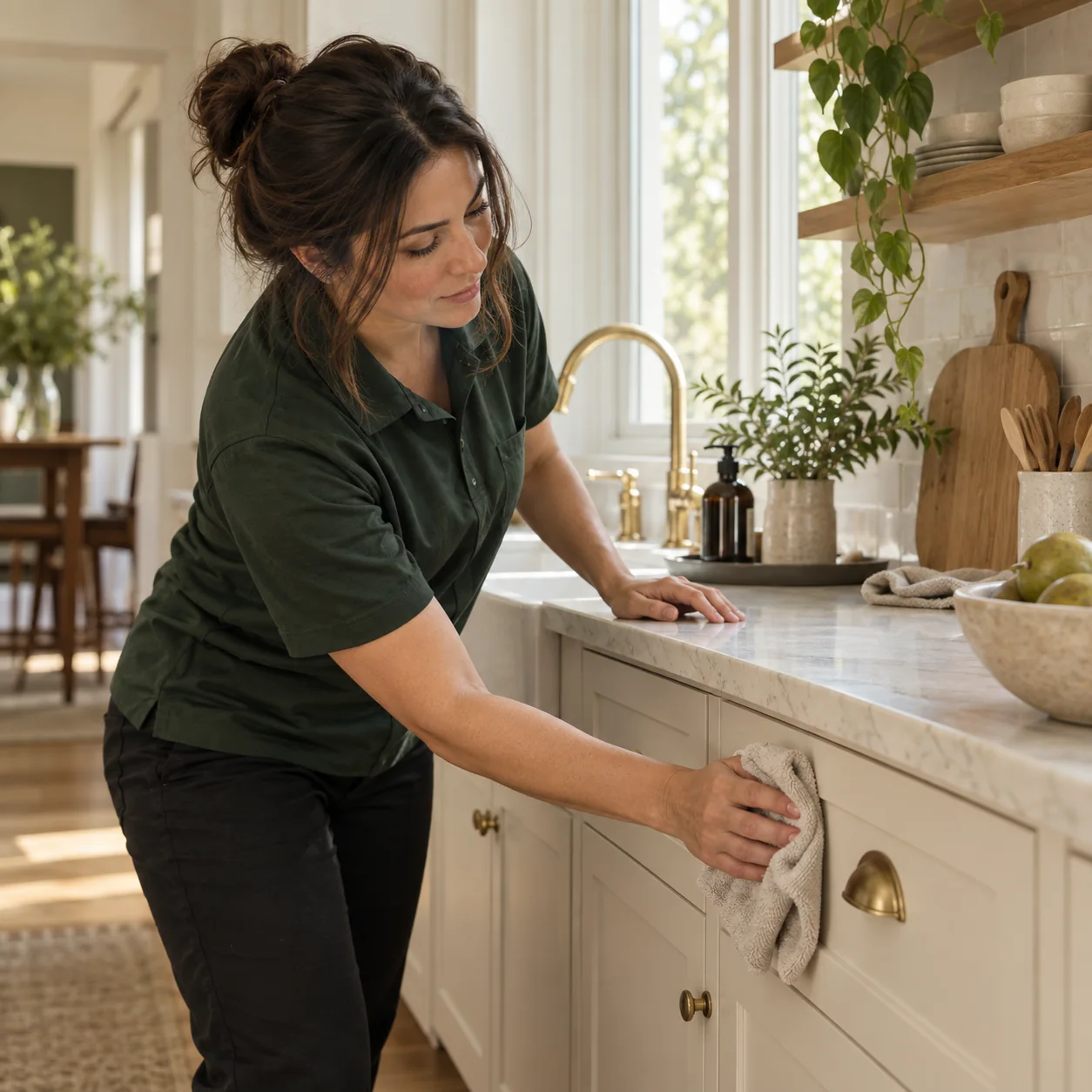 Cleaner attending to the details in a home